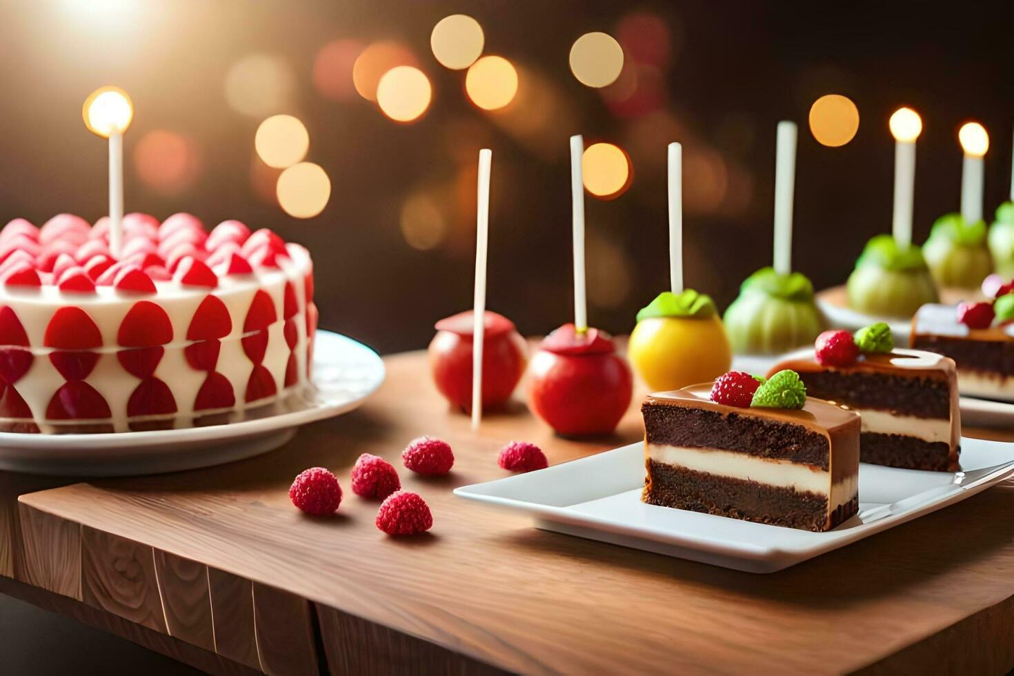 birthday cake with candles and fruit on table. AI-Generated photo