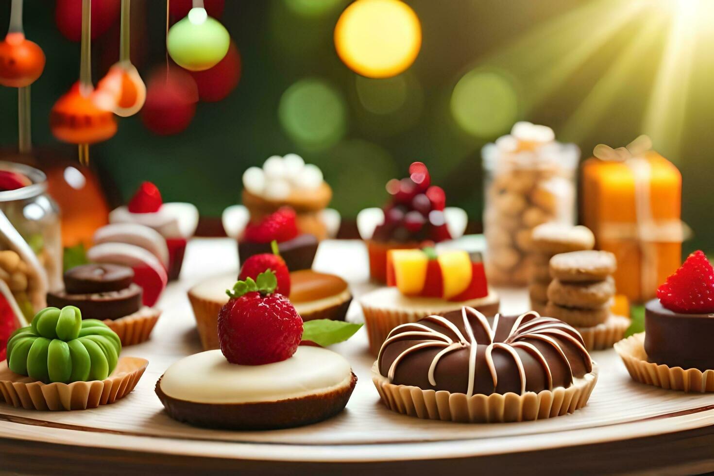 christmas dessert on a wooden tray with christmas decorations. AI-Generated photo