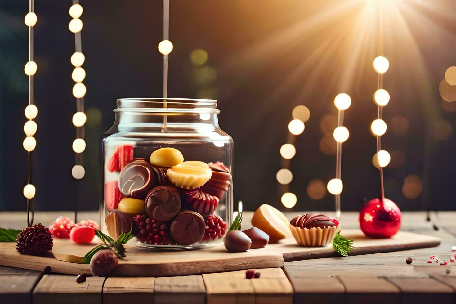 a glass jar filled with chocolates and berries on a wooden table. AI-Generated photo