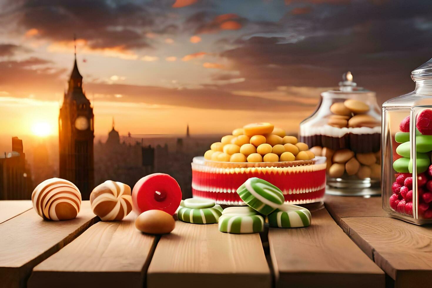 various candies and desserts on a table with a view of the city. AI-Generated photo