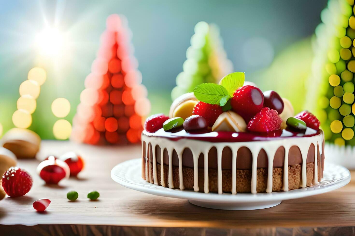 a cake with fruit on top and christmas trees in the background. AI-Generated photo