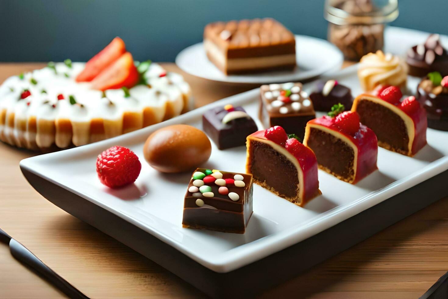 a tray of desserts on a table. AI-Generated photo