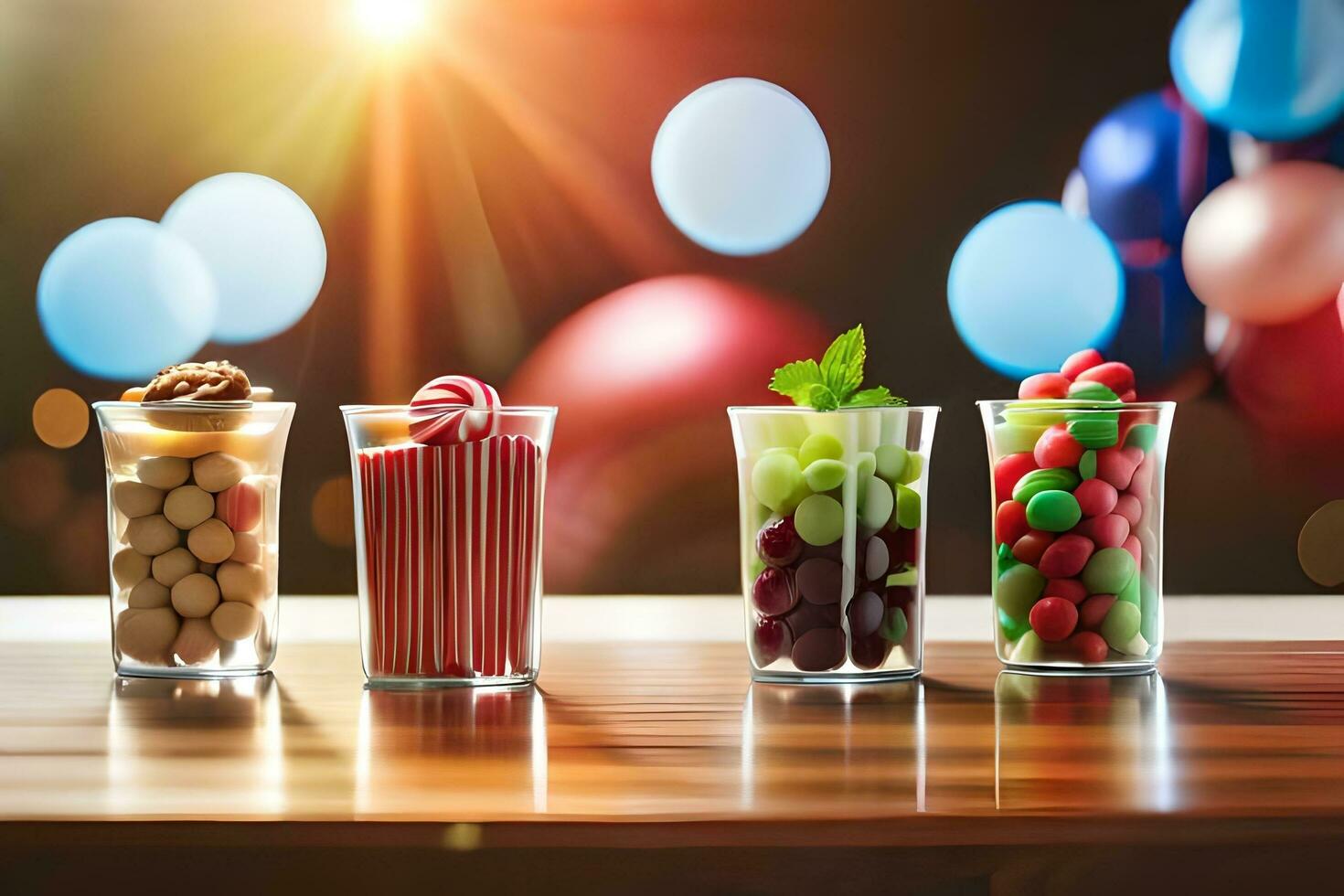 four glasses with different types of candy and fruit. AI-Generated photo