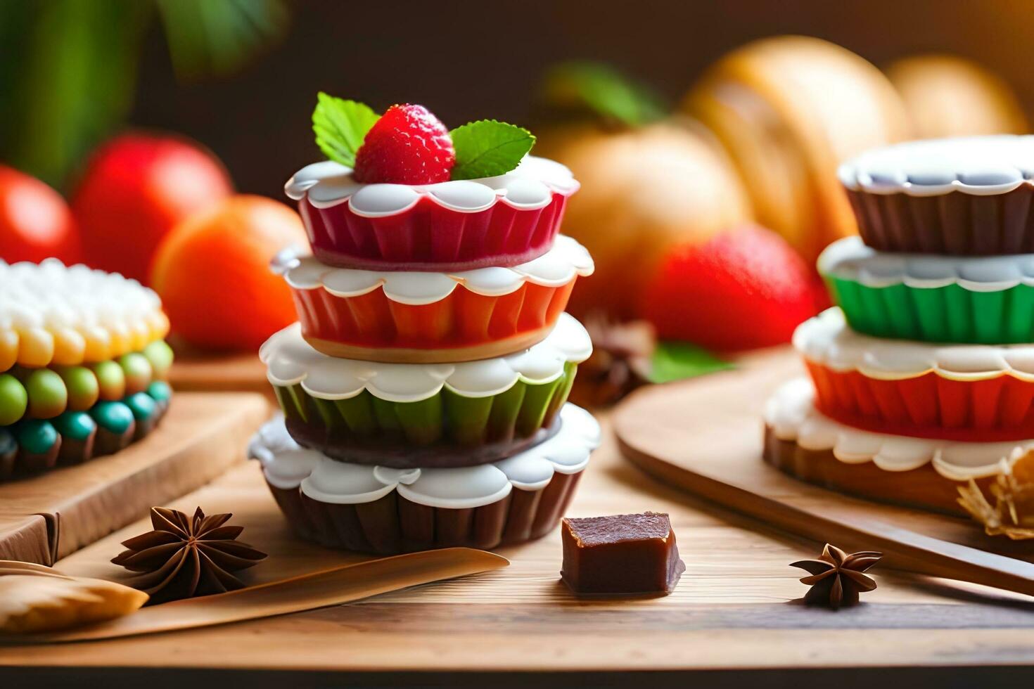 colorful cakes on a wooden table. AI-Generated photo