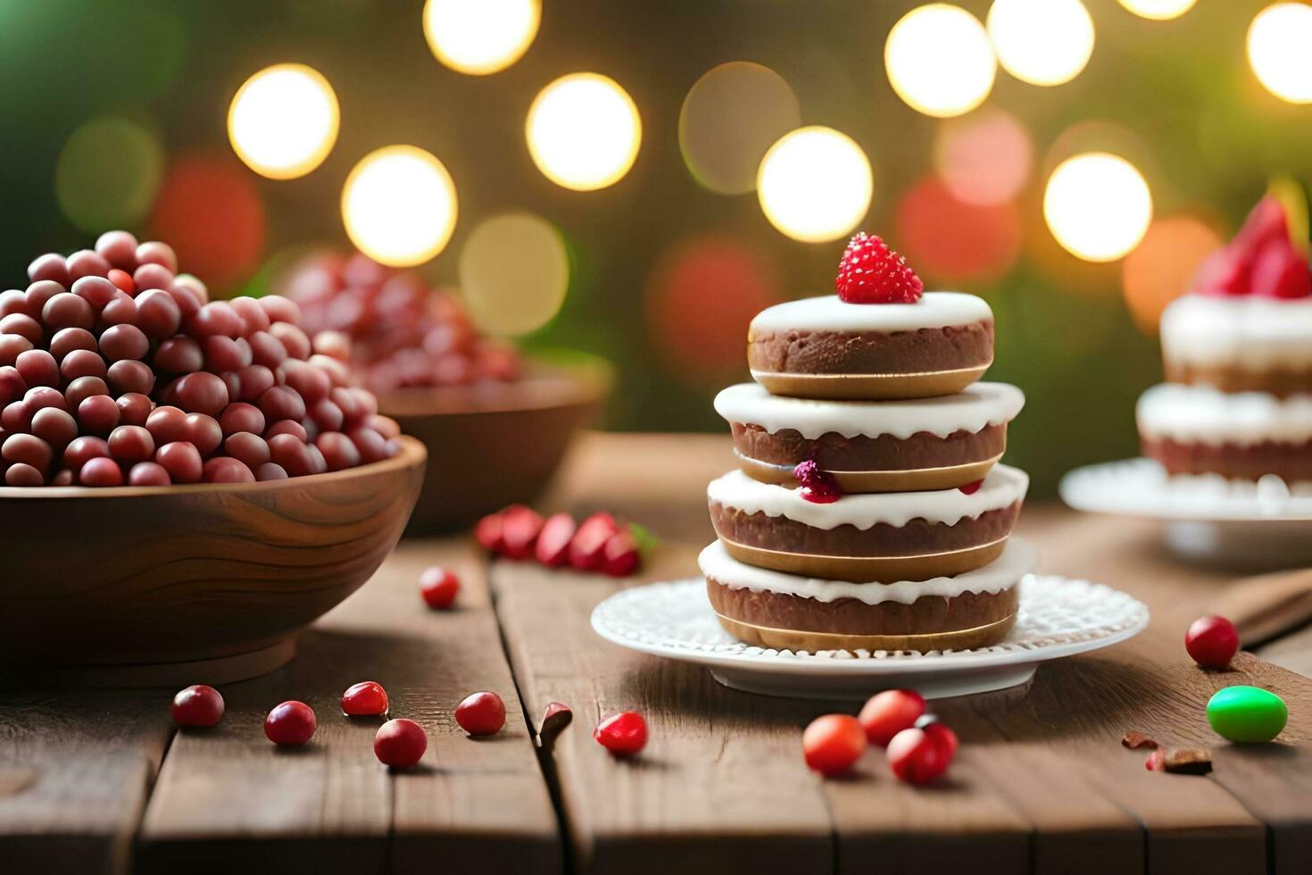 christmas cake on wooden table with berries and berries. AI-Generated photo