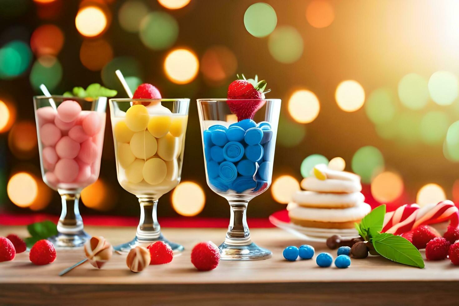 three glasses with different colored desserts on a table. AI-Generated photo
