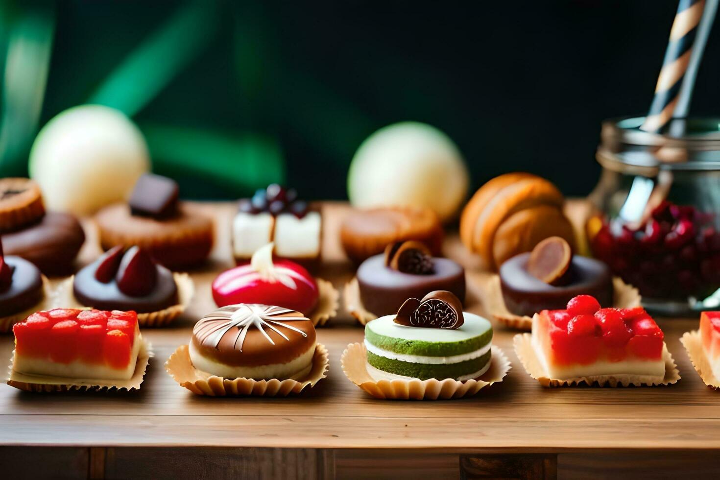 assorted chocolates on a wooden tray. AI-Generated photo