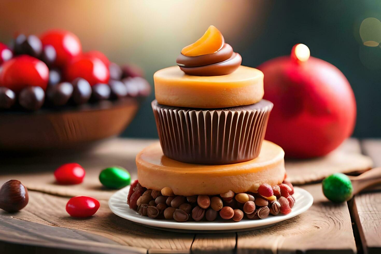 a stack of three cupcakes on a plate. AI-Generated photo
