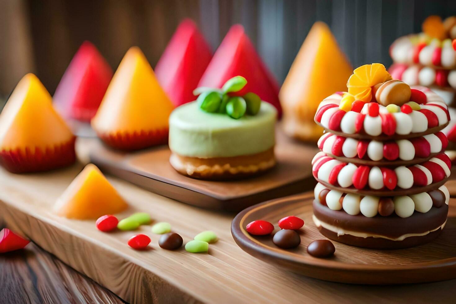 a table with several different types of cakes. AI-Generated photo