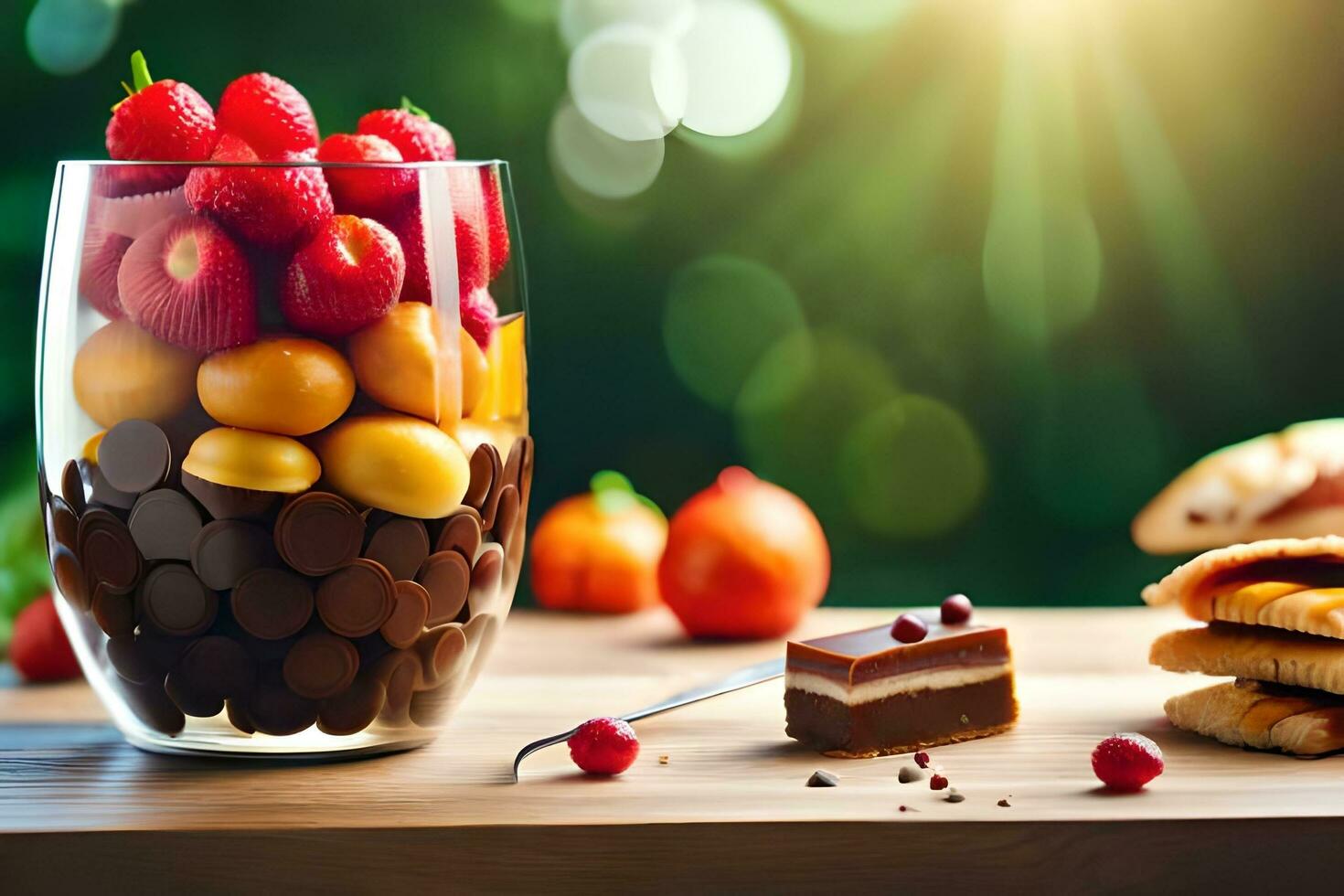 un vaso de Fruta y chocolate en un mesa. generado por ai foto