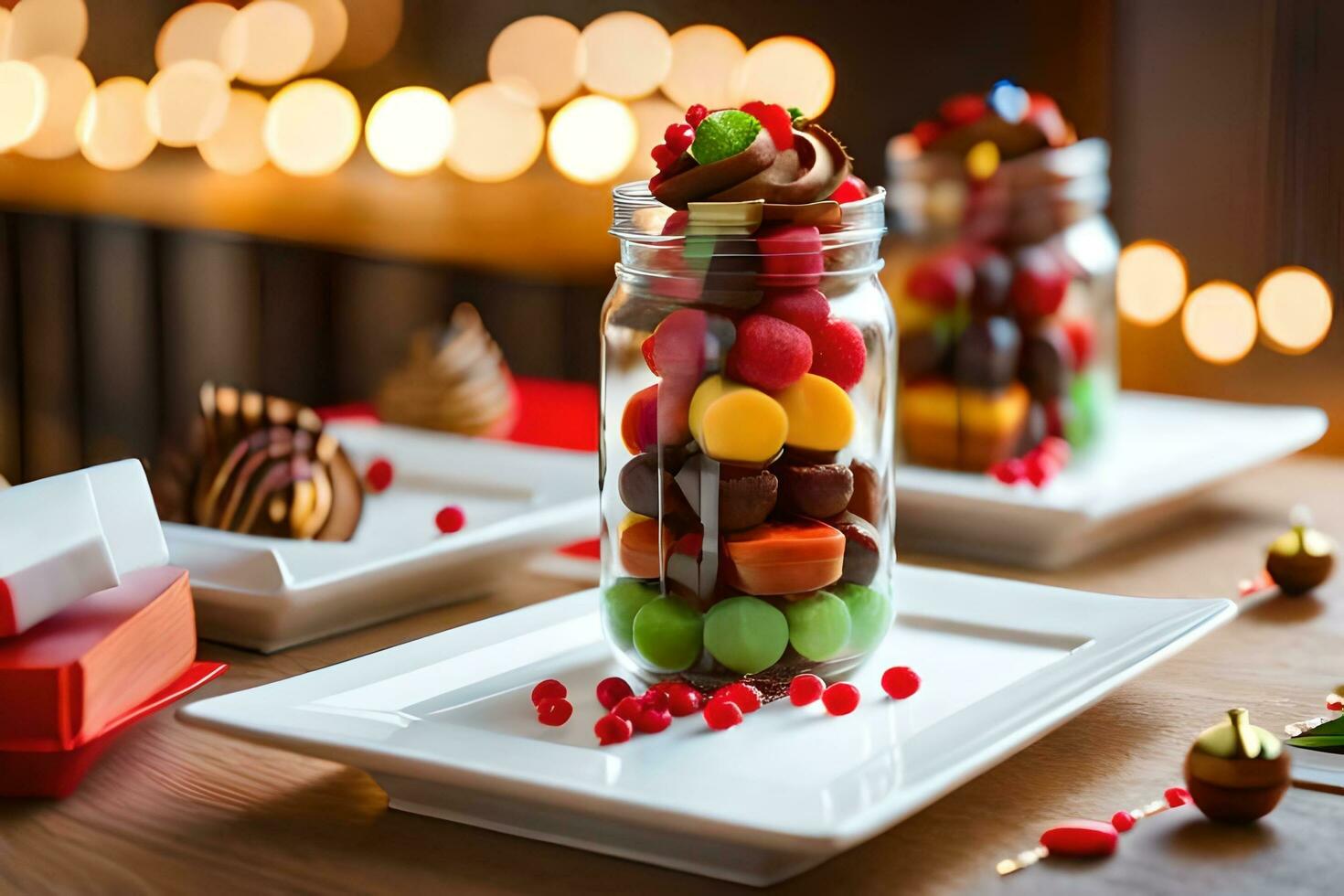 a table with a jar filled with candy and a plate with a plate of candy. AI-Generated photo