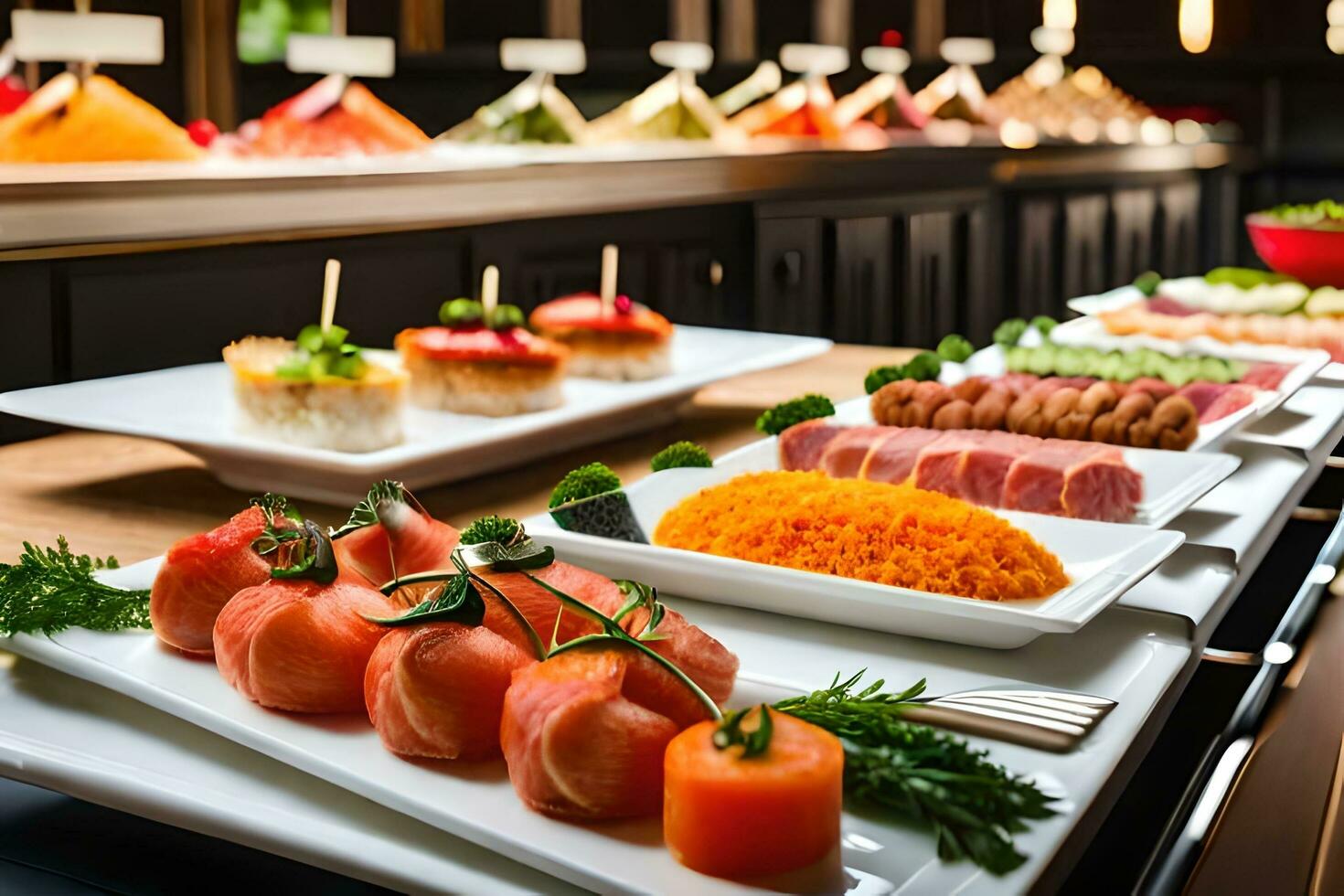 a buffet with various types of food on it. AI-Generated 32448520 Stock