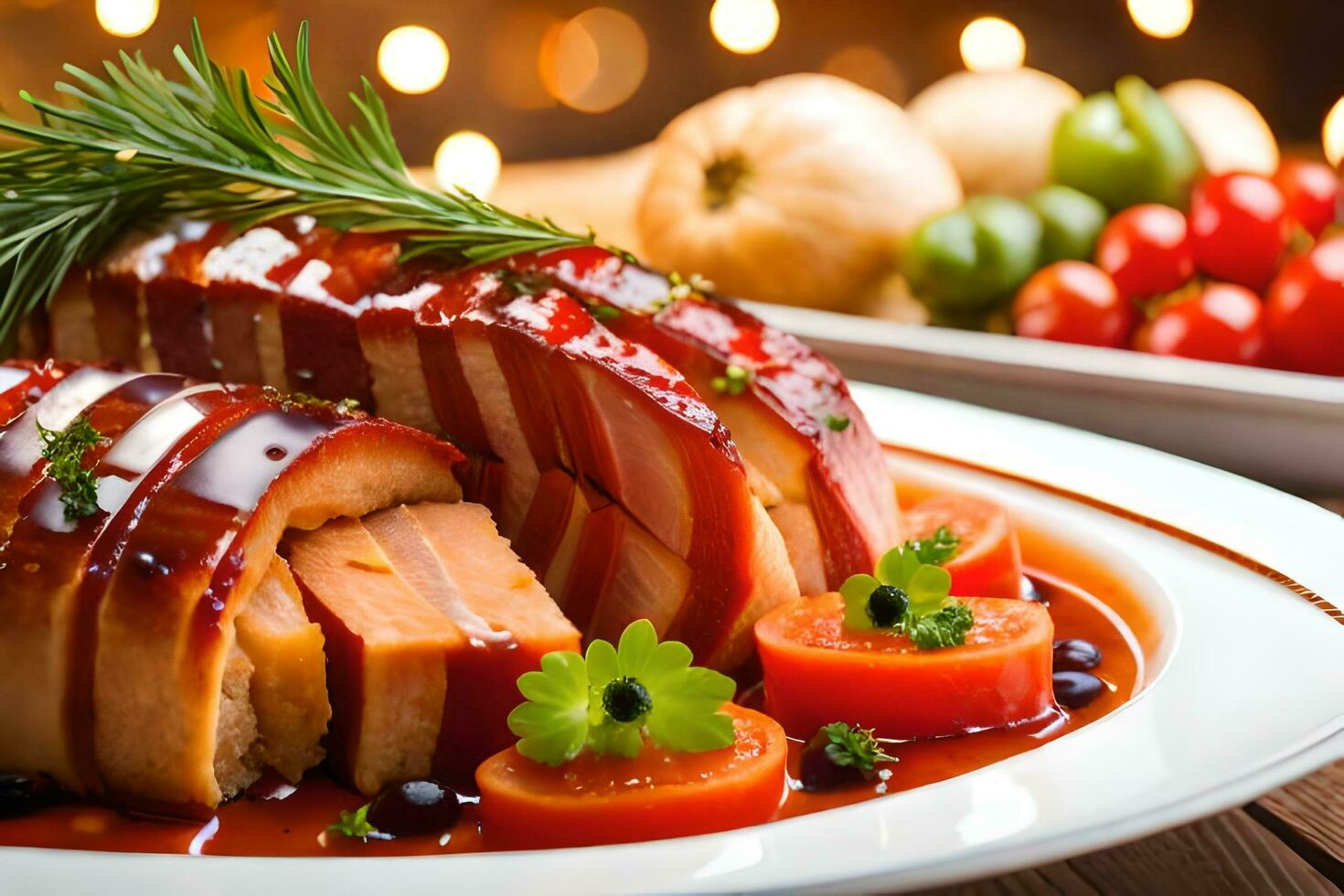 a plate with meat and vegetables on it. AI-Generated photo