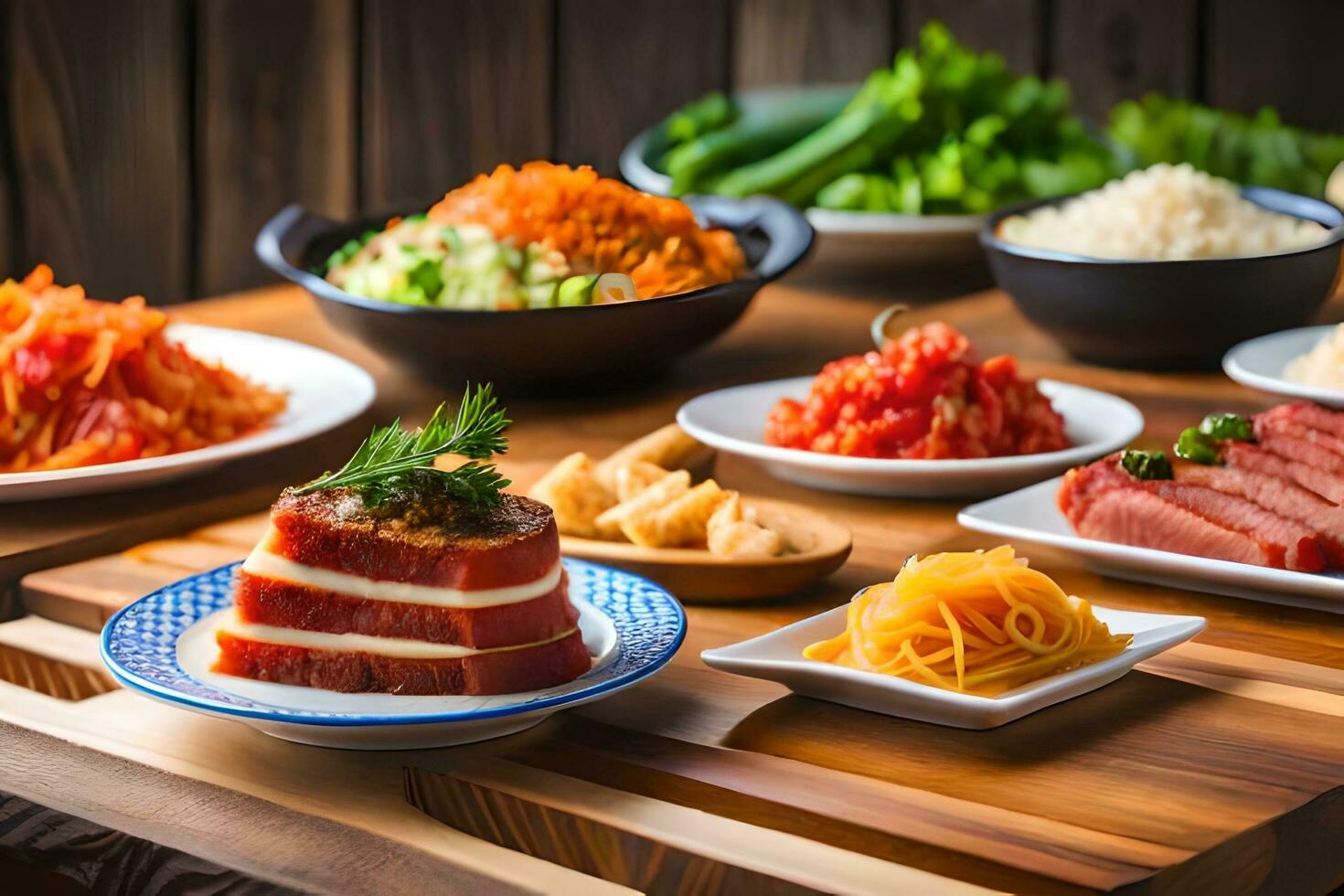 a table with various dishes of food. AI-Generated photo