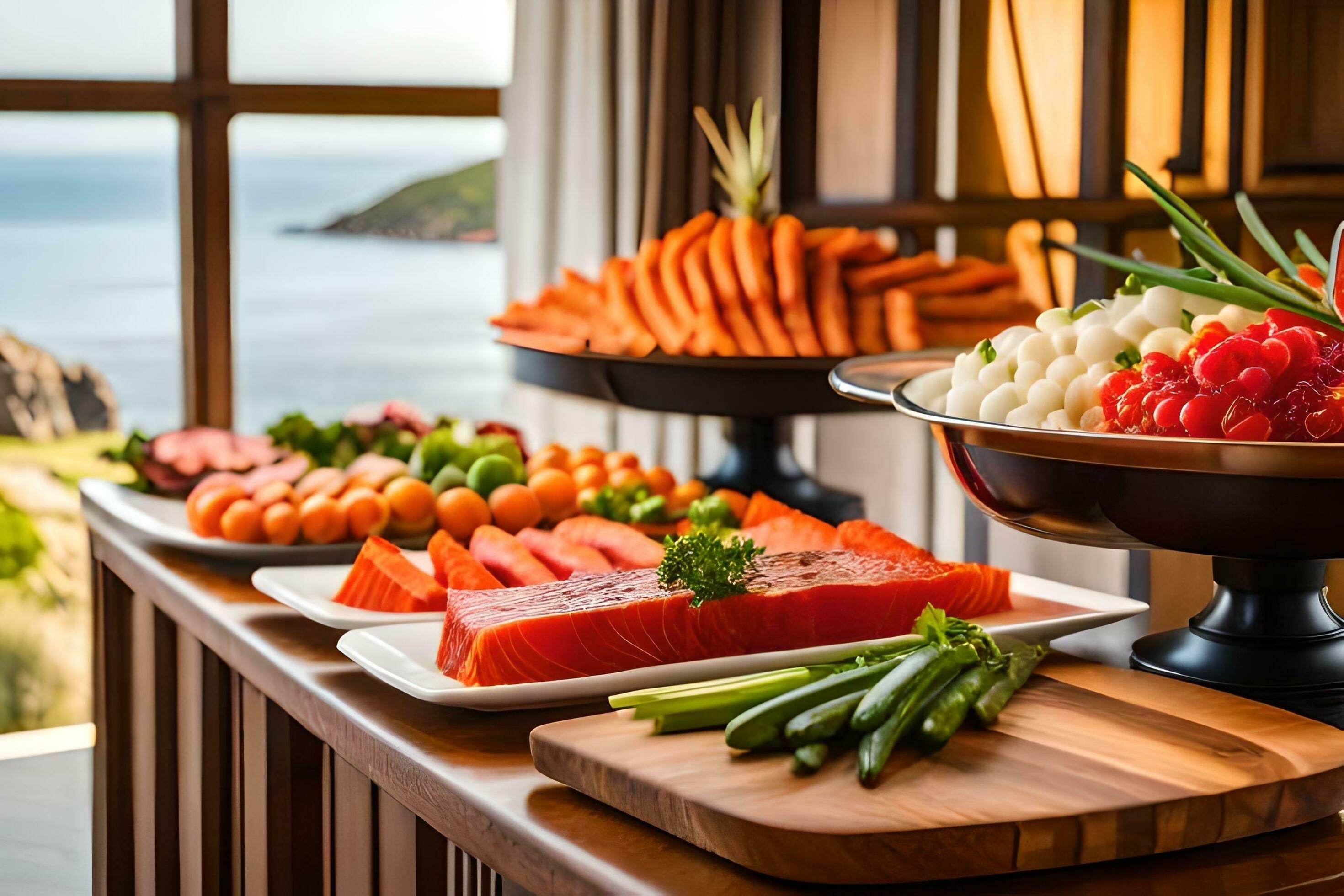 a buffet table with various types of food. AI-Generated 32448655 Stock