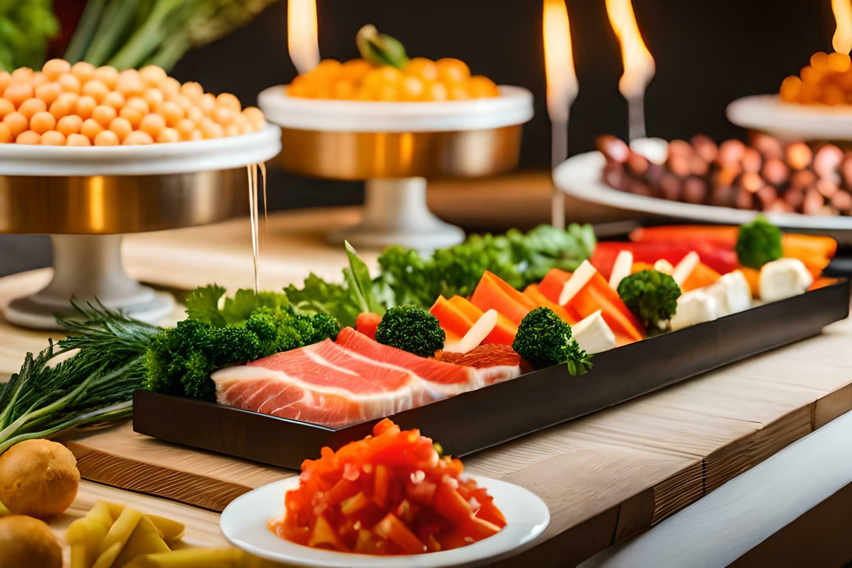 a buffet with various types of food on it. AI-Generated 32448658 Stock