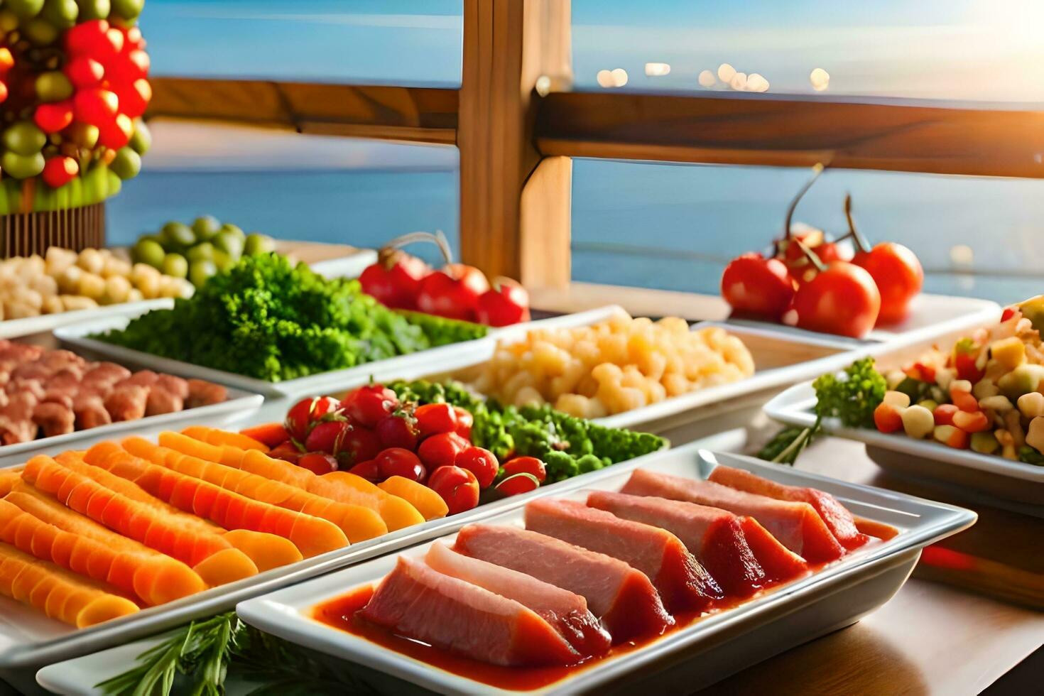 a buffet with various types of food on it. AI-Generated 32448667 Stock