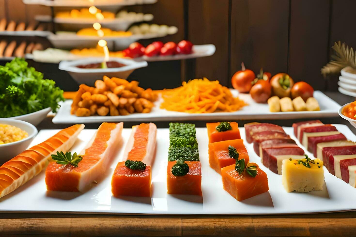 a buffet with various types of food on it. AI-Generated 32448737 Stock