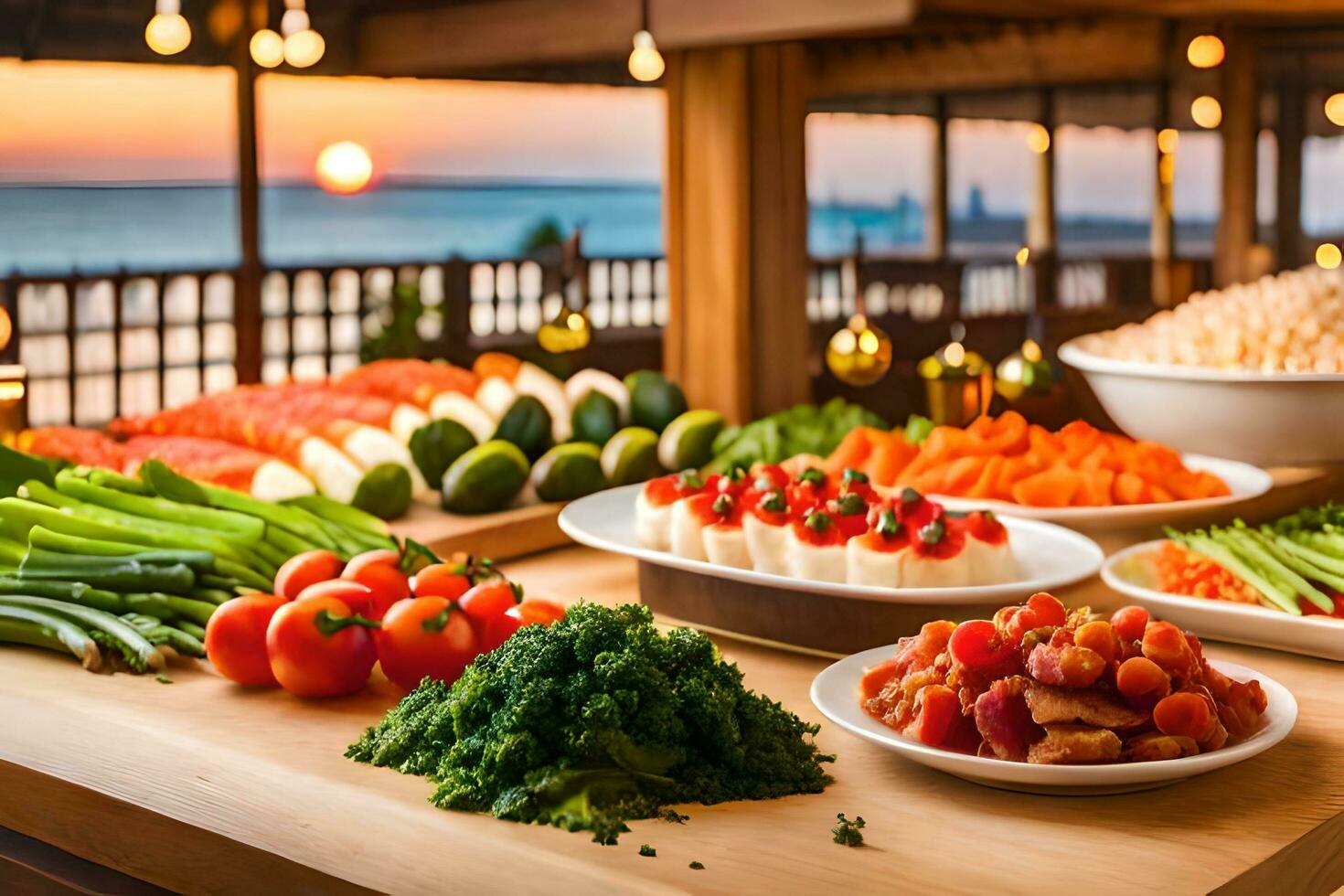 a buffet table with various types of food. AI-Generated 32448760 Stock