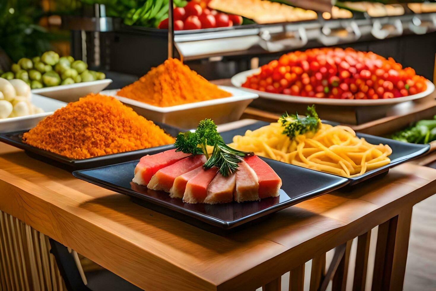 a buffet with various types of food on it. AI-Generated 32448762 Stock