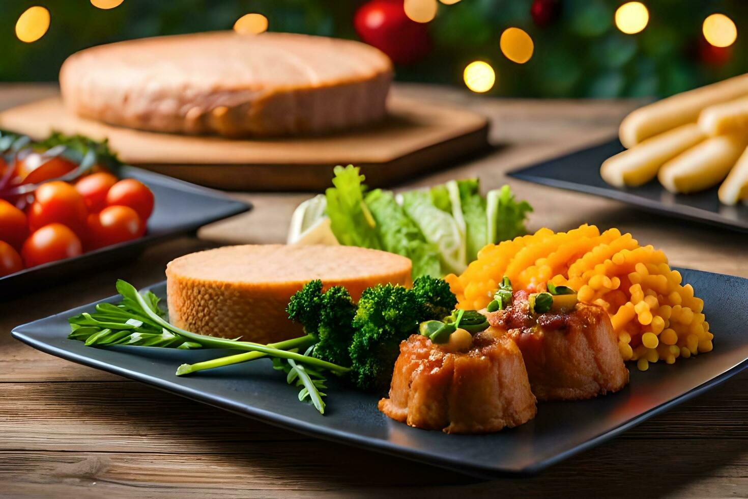 a table with food and a christmas tree. AI-Generated photo