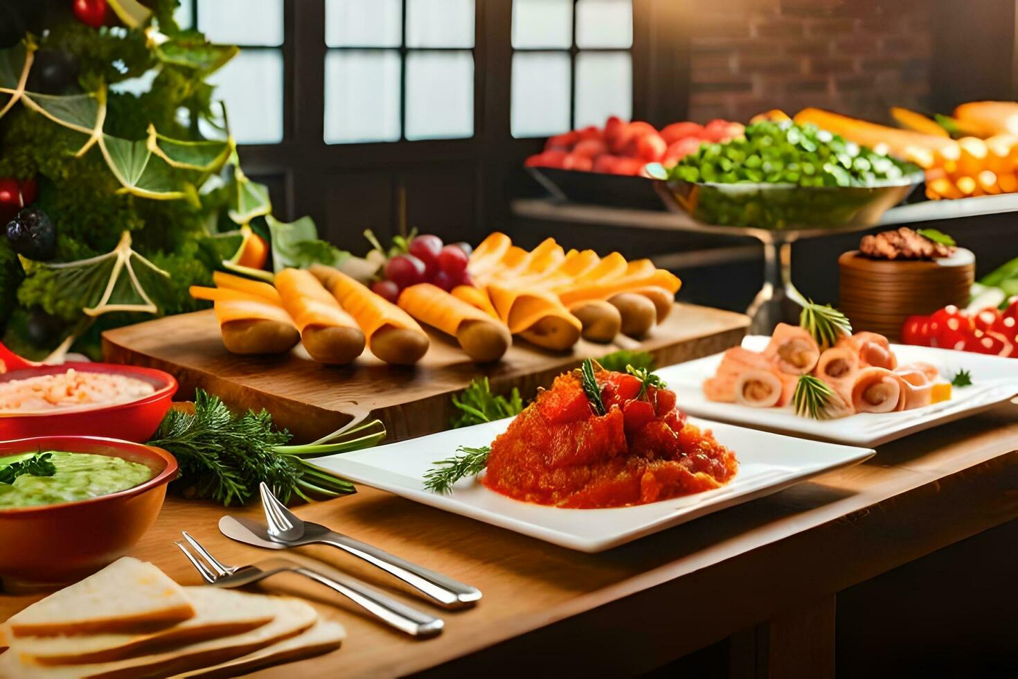 a buffet with various foods and drinks on a table. AI-Generated photo