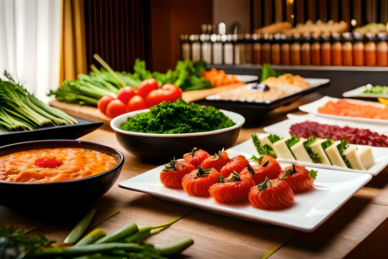 a buffet with various types of food on it. AI-Generated 32448955 Stock