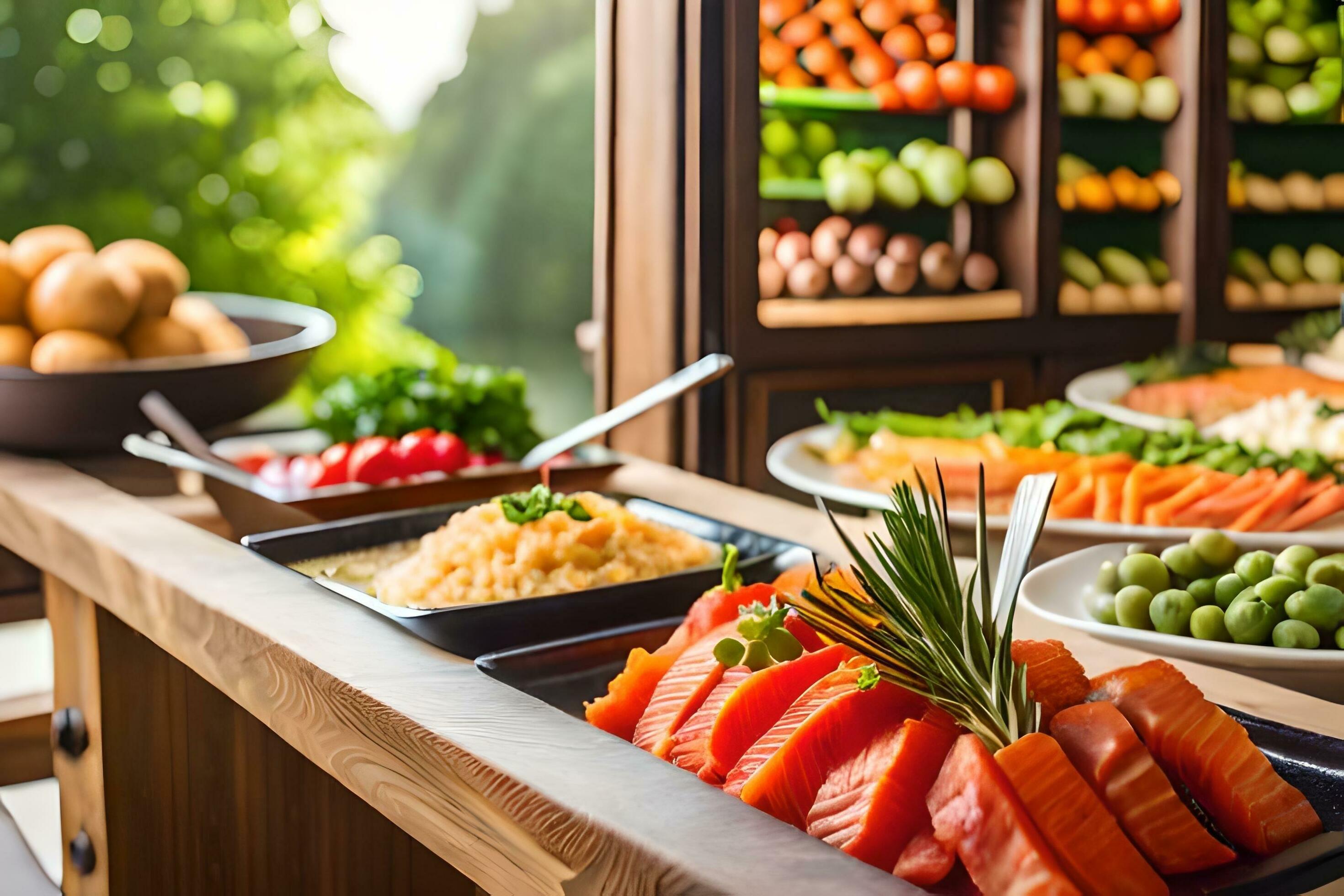a buffet with various types of food on it. AI-Generated 32448997 Stock