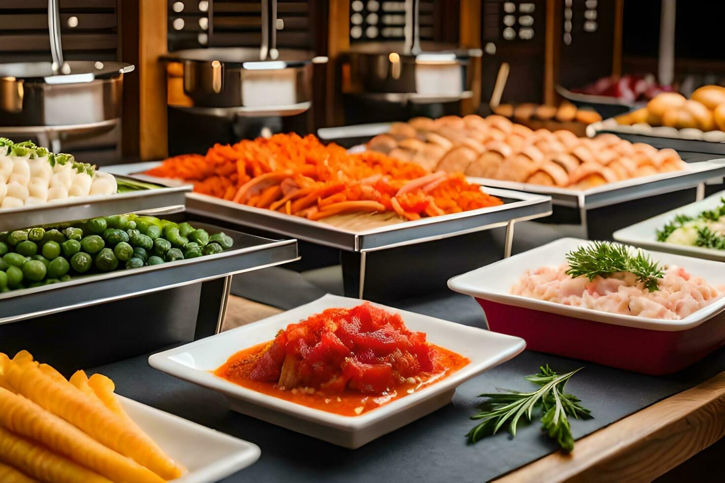 buffet with various types of food on display. AI-Generated photo