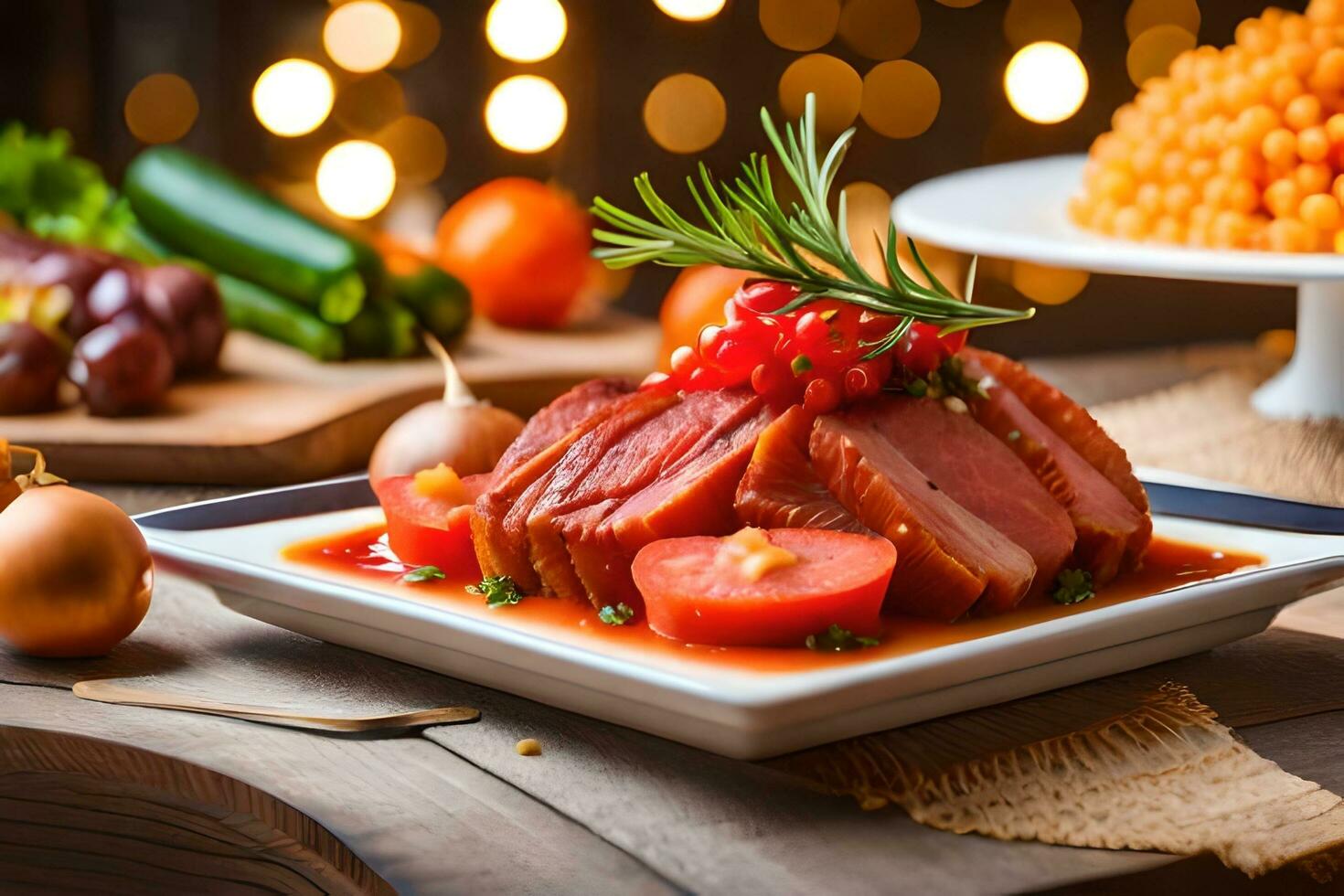 a plate of meat and vegetables on a table. AI-Generated photo