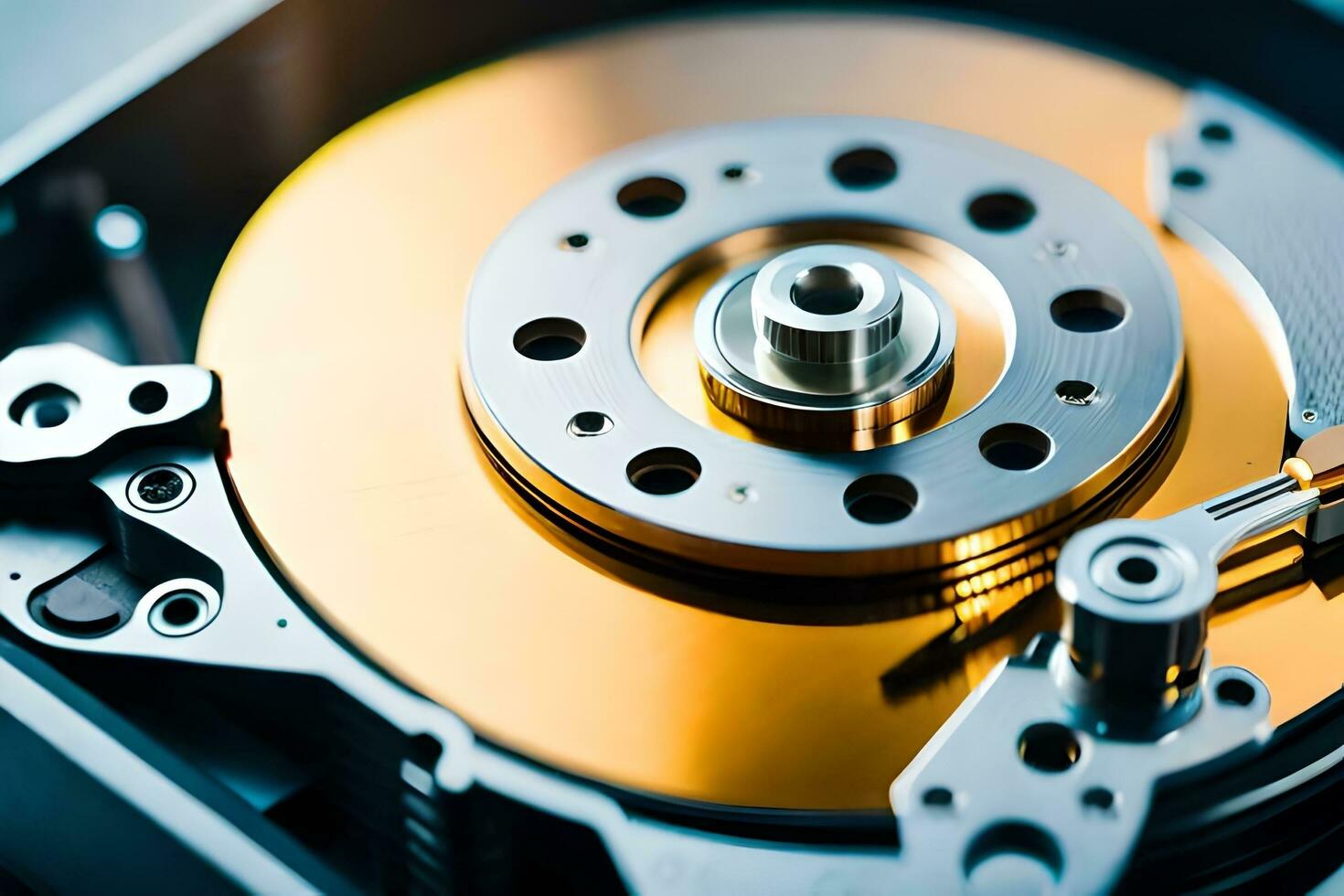 a close up of a hard drive with a metal disk. AI-Generated photo