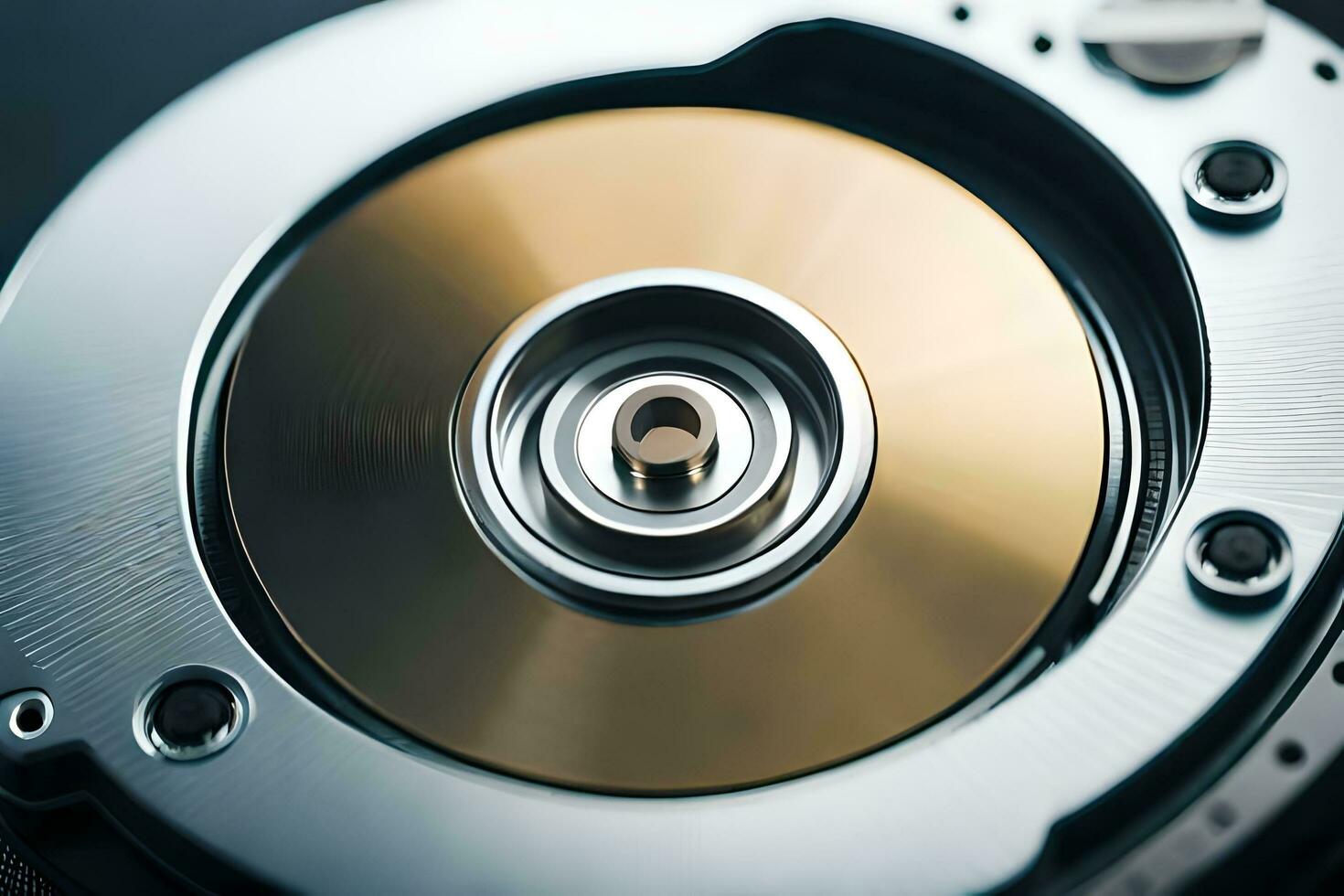 a close up of a disk drive with a metal disk. AI-Generated photo