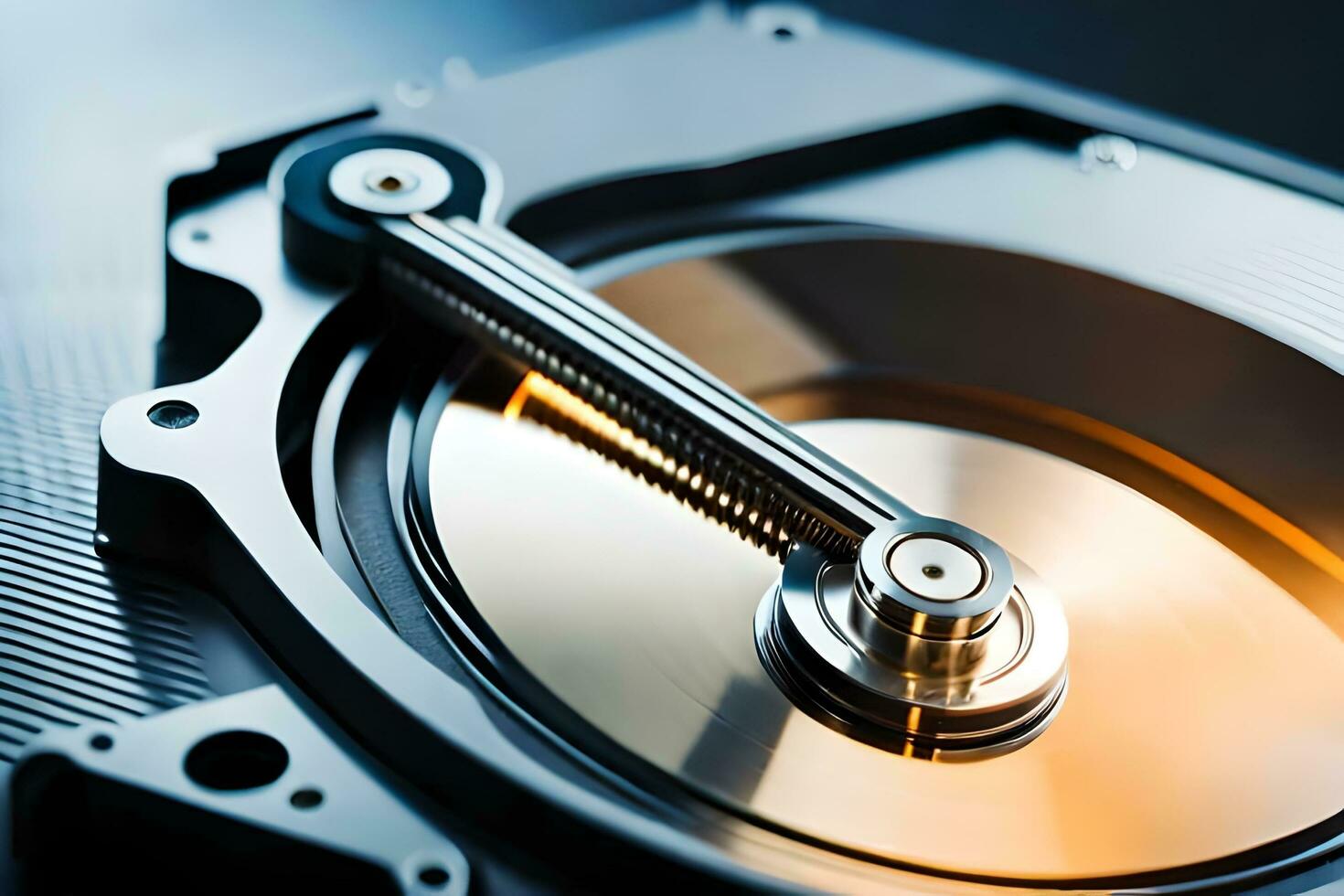 a close up of a hard drive with a metal disk. AI-Generated photo