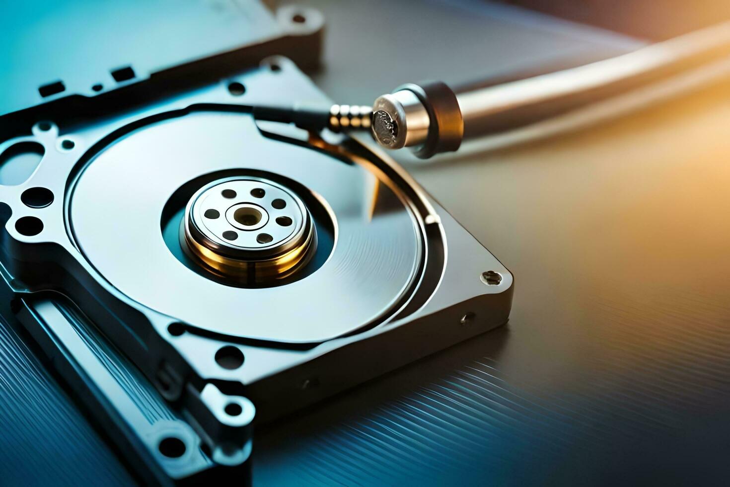 a hard drive with a metal rod attached to it. AI-Generated photo