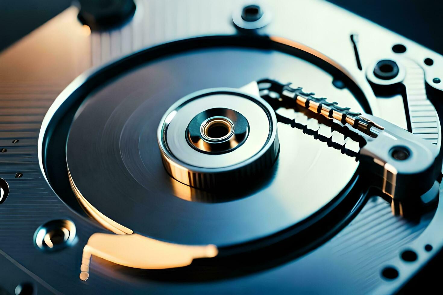 a close up of a hard drive with a metal disk. AI-Generated photo