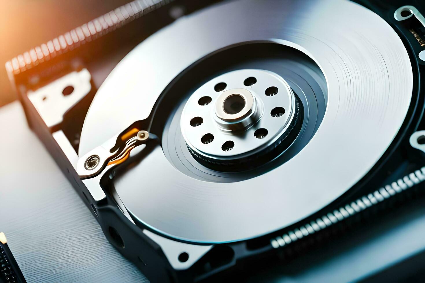 a close up of a hard drive with a metal disk. AI-Generated photo