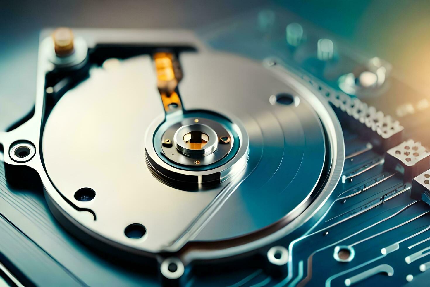 a hard drive is shown on top of a circuit board. AI-Generated photo