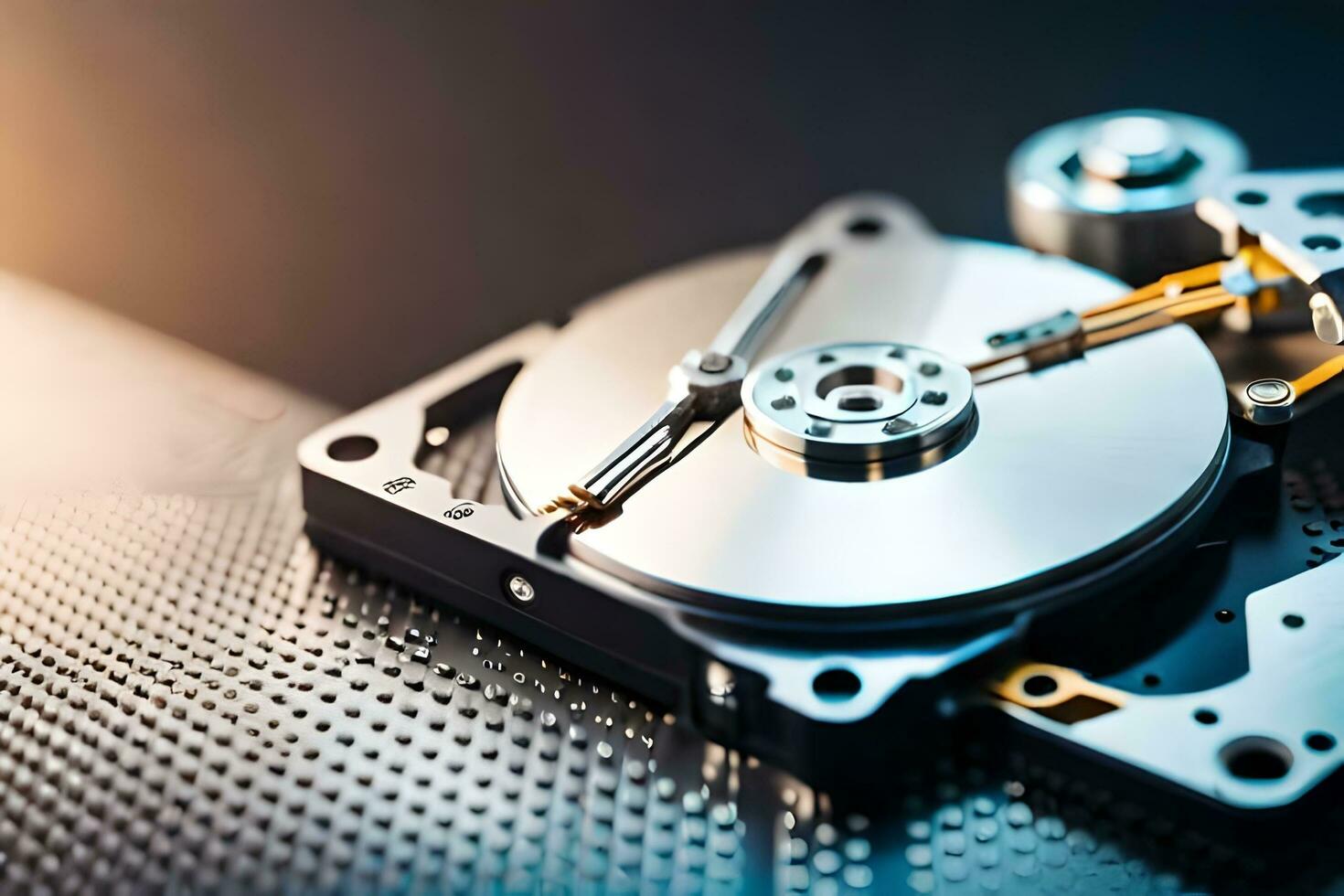 a hard drive is shown on a metal surface. AI-Generated photo