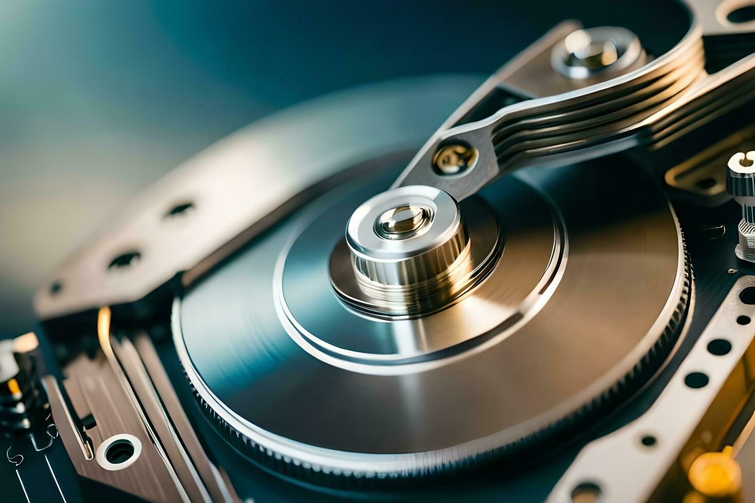a close up of a hard drive with a metal disk. AI-Generated photo