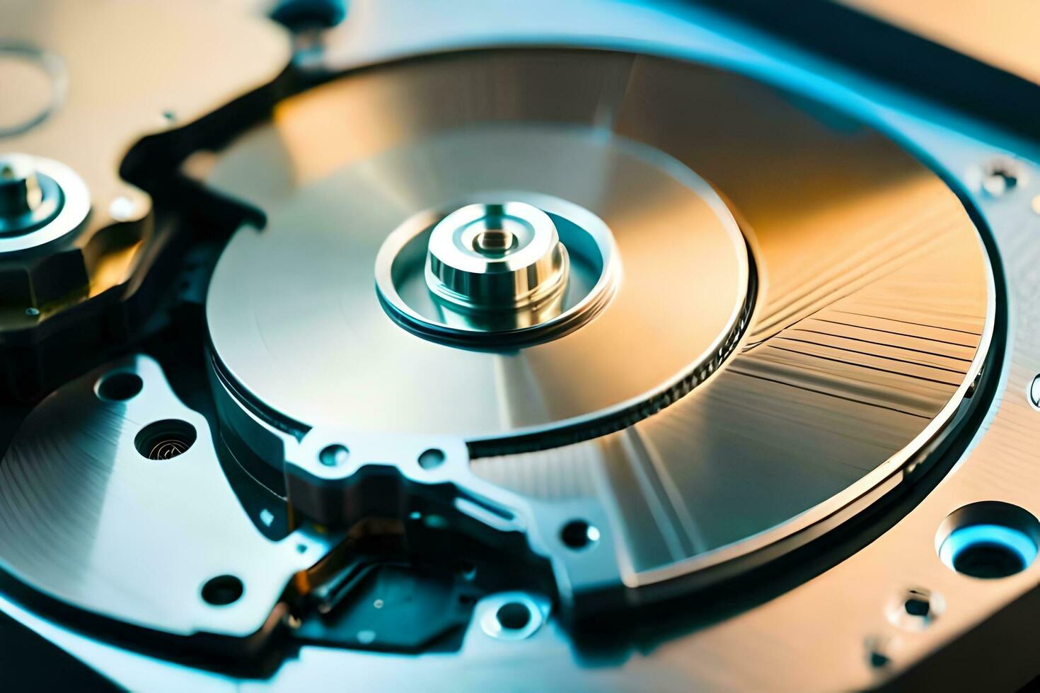 a close up of a hard drive with a disk. AI-Generated photo