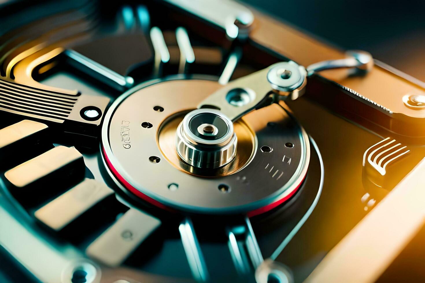 a close up of a hard drive with a metal disk. AI-Generated photo