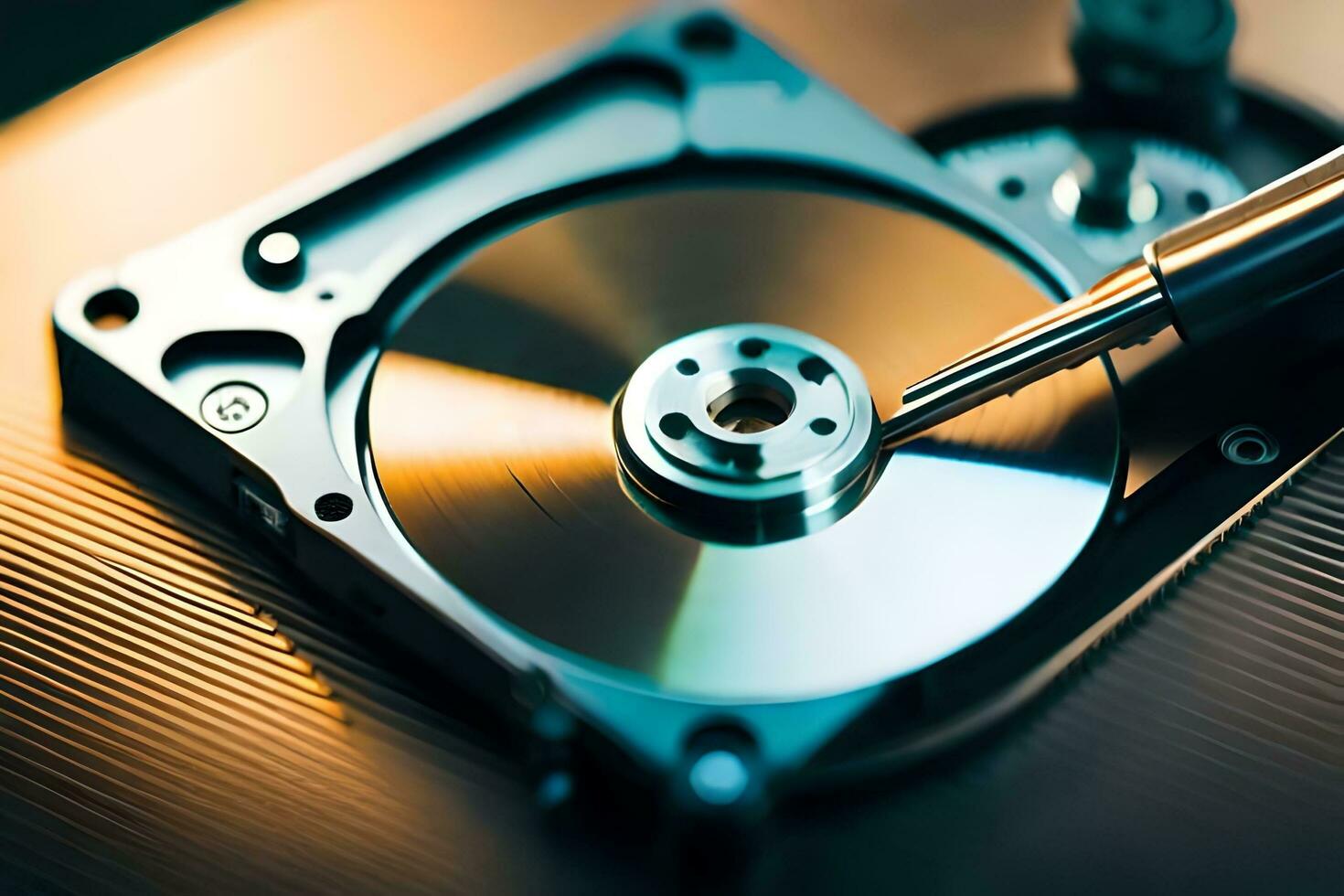 a close up of a hard disk with a screw. AI-Generated photo