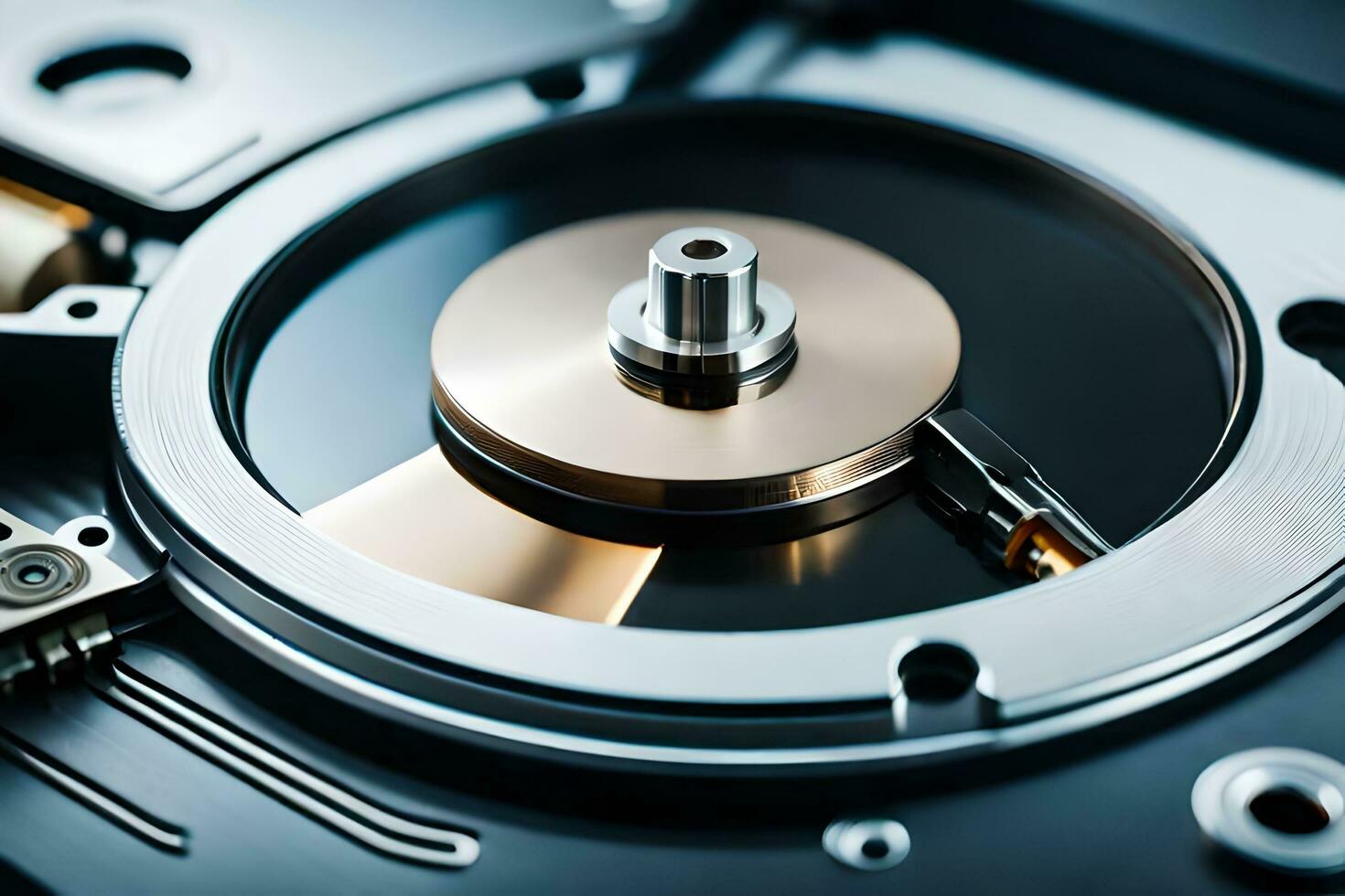 a close up of a disk drive with a metal disk. AI-Generated photo
