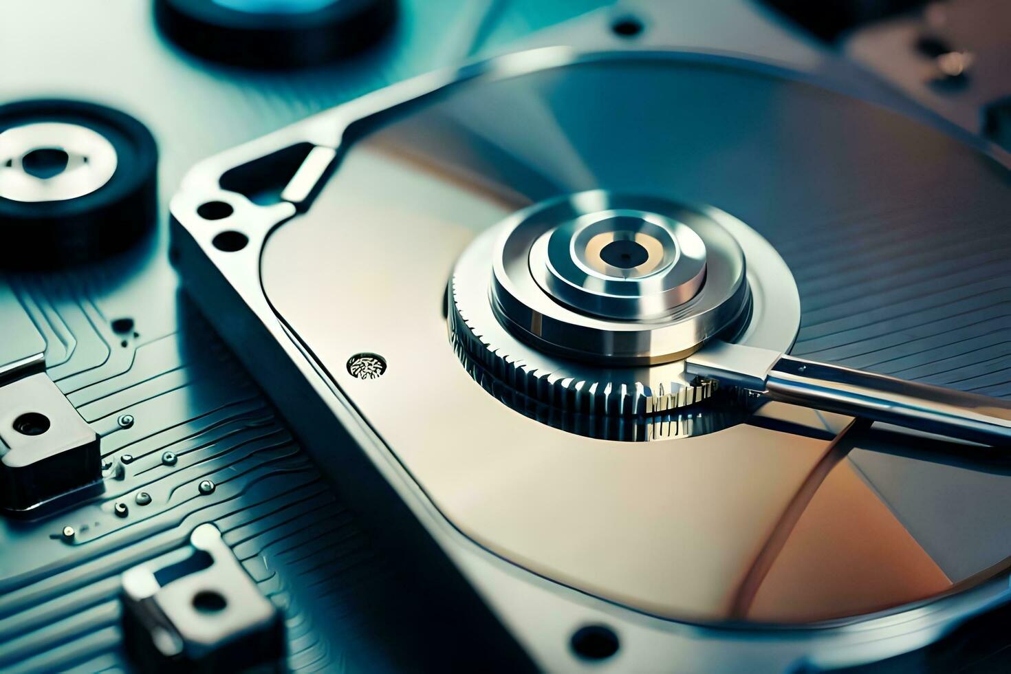 a hard disk is sitting on top of a circuit board. AI-Generated photo