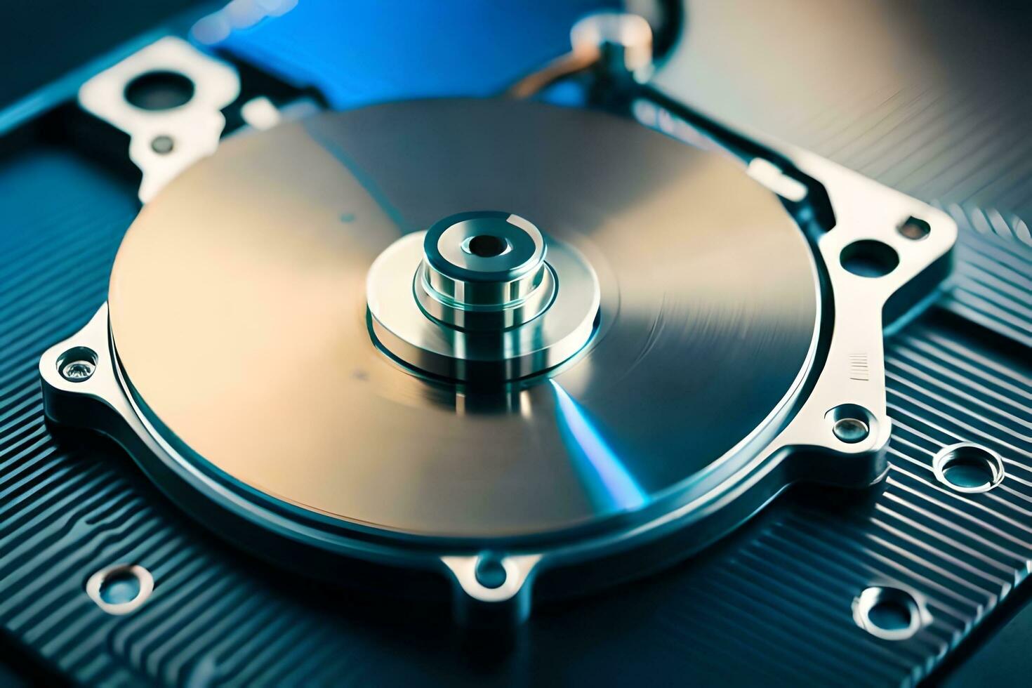 a hard disk is shown on top of a metal case. AI-Generated photo