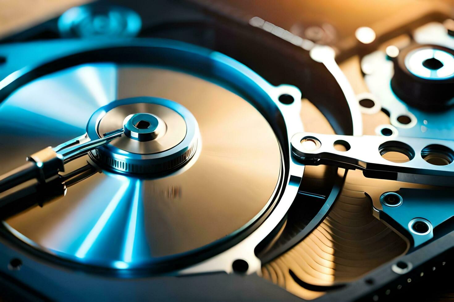 a close up of a hard drive with a disk. AI-Generated photo