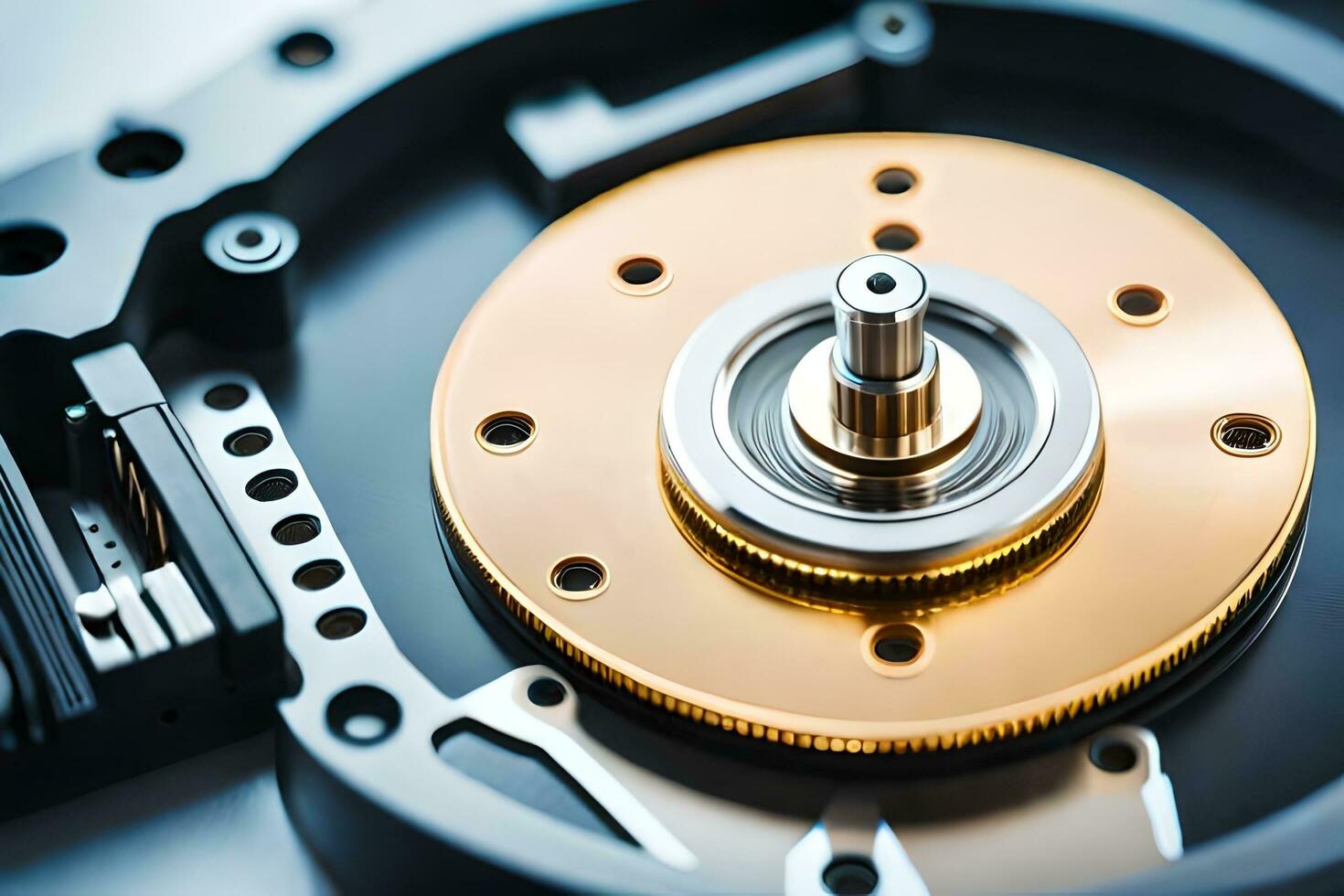 a close up of a metal disk with a gold ring. AI-Generated photo