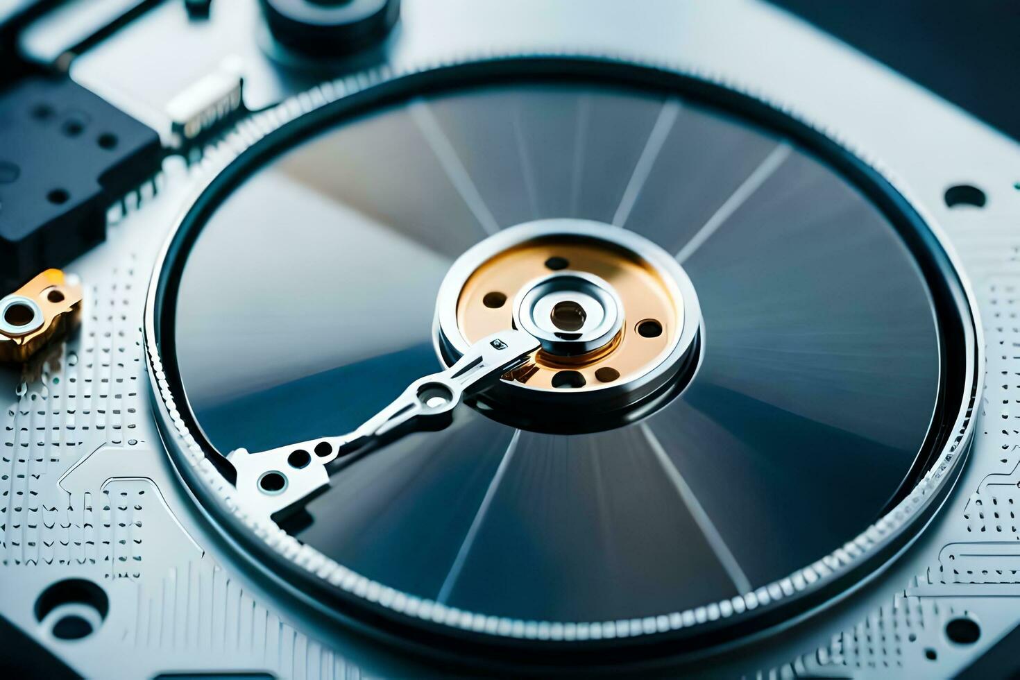 a close up of a disk drive with a metal disk. AI-Generated photo