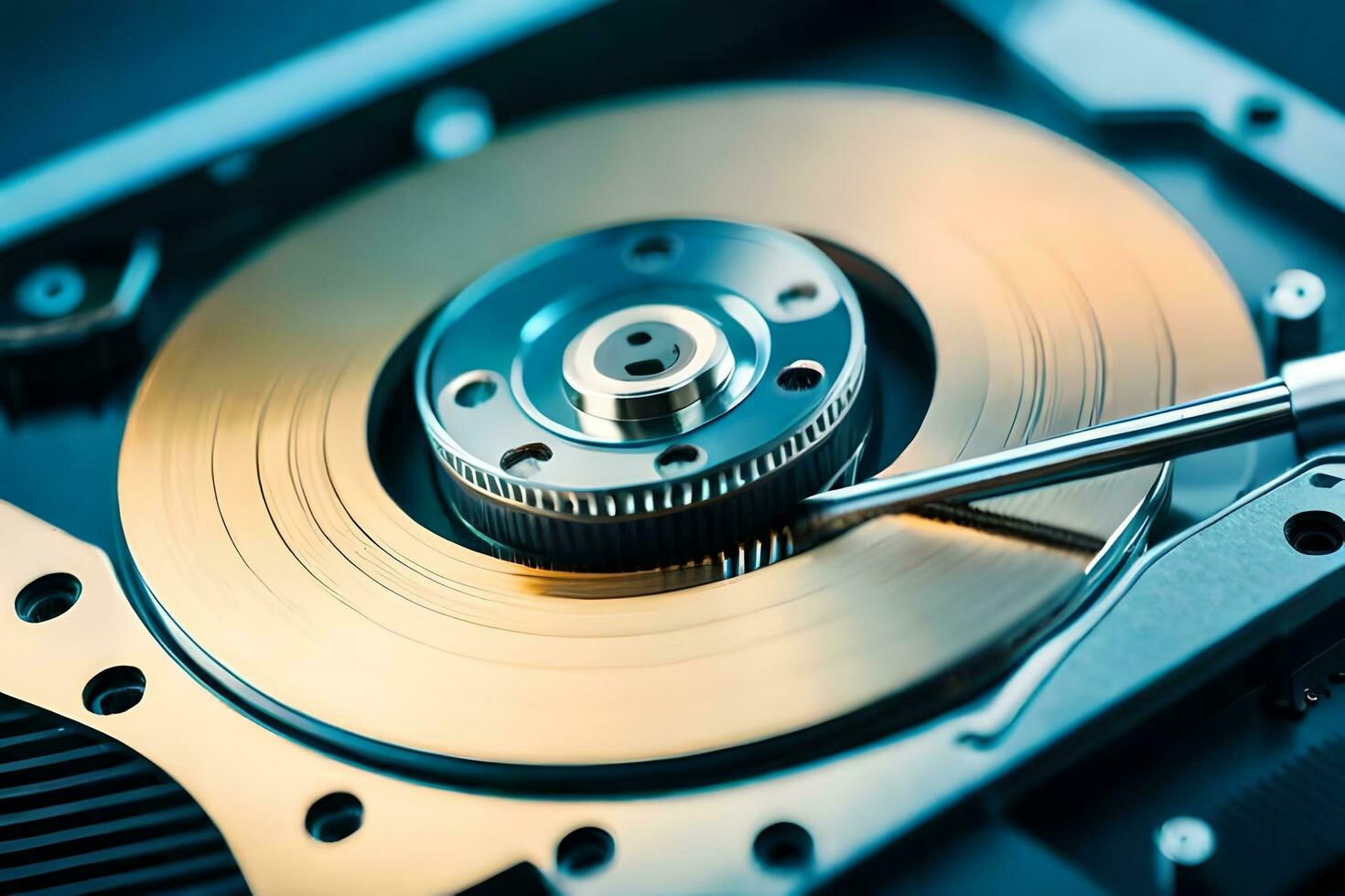 a close up of a hard disk with a screw. AI-Generated photo