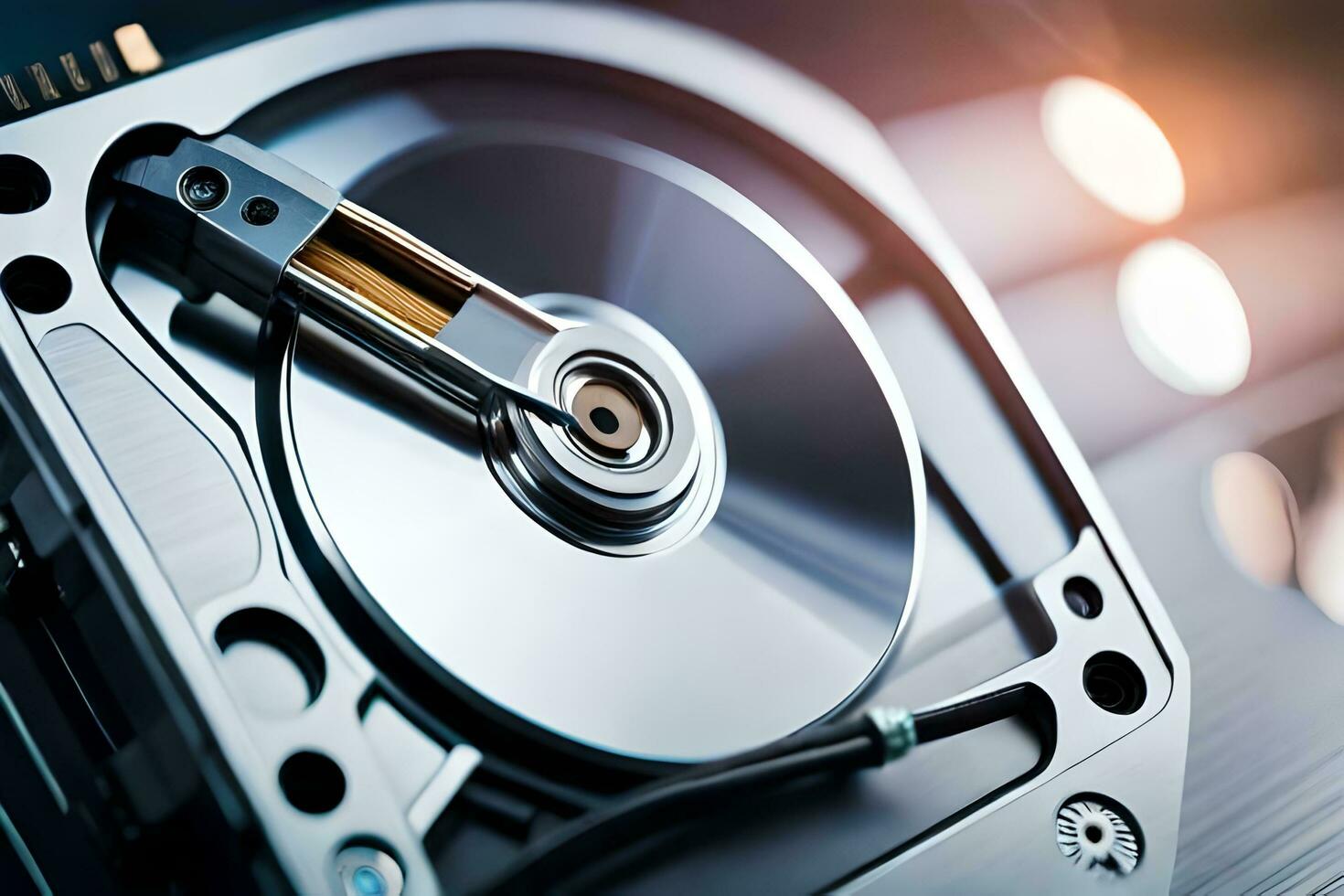 a close up of a hard drive with a metal disk. AI-Generated photo